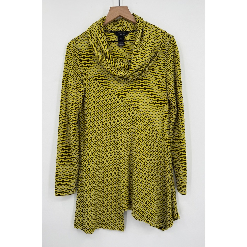 Ali Miles Shirt Small Yellow Black Geometric Cowl Neck Long Sleeve Stretch Fall